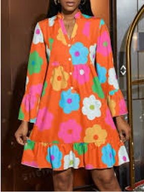 SHEIN Orange Floral Multicolor Button-Front Ruffle Dress